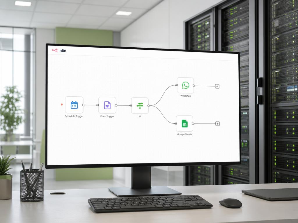 Monitor berlatar putih menampilkan alur otomasi n8n dari Form Trigger ke WhatsApp dan Google Sheets, dengan rak server di belakangnya