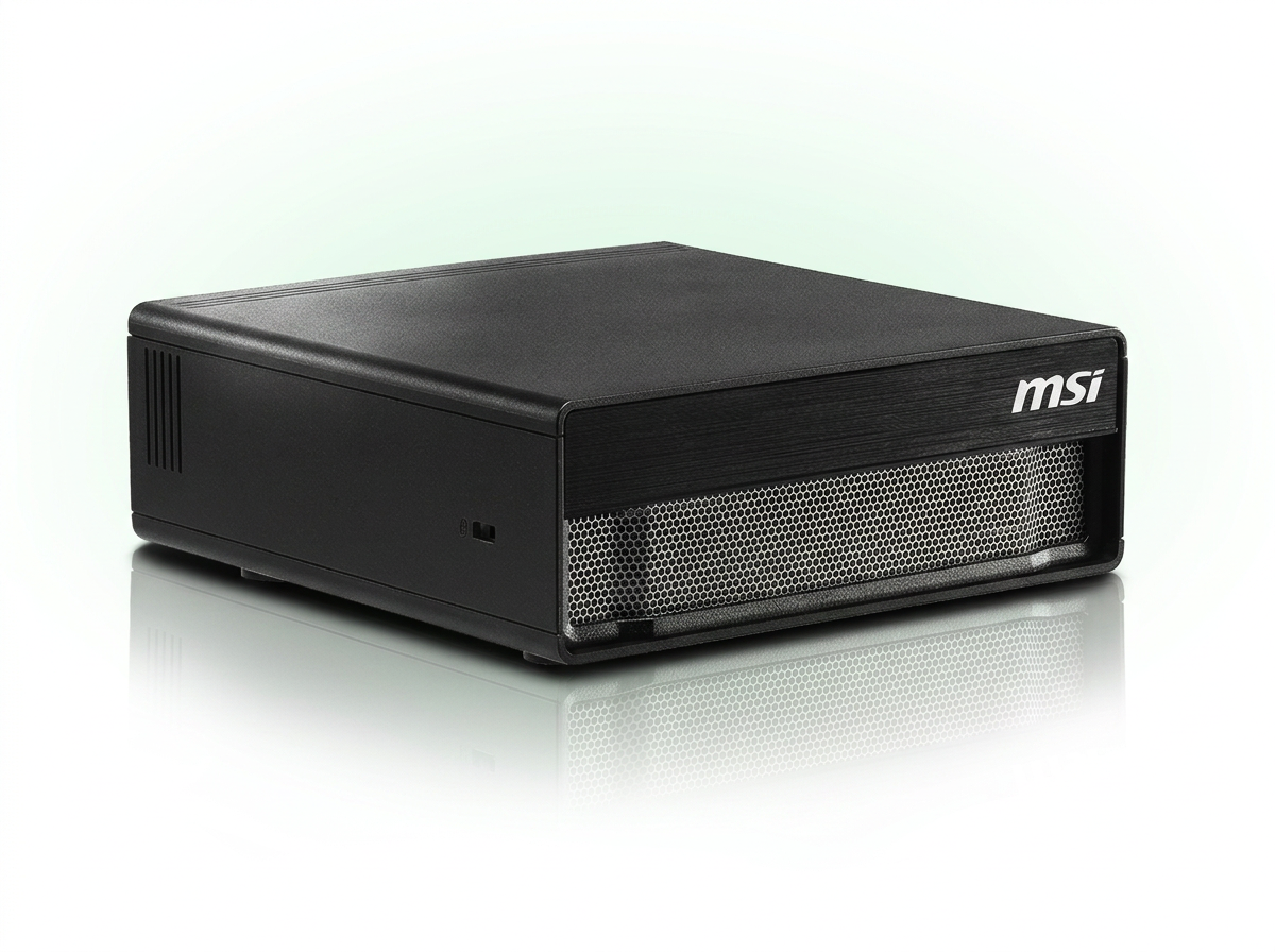 Mini PC MSI EdgeXpert MS-C931 berwarna hitam dengan panel depan berlubang mesh