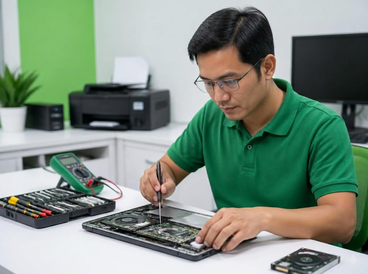 Teknisi Indonesia memperbaiki laptop di meja kerja service center