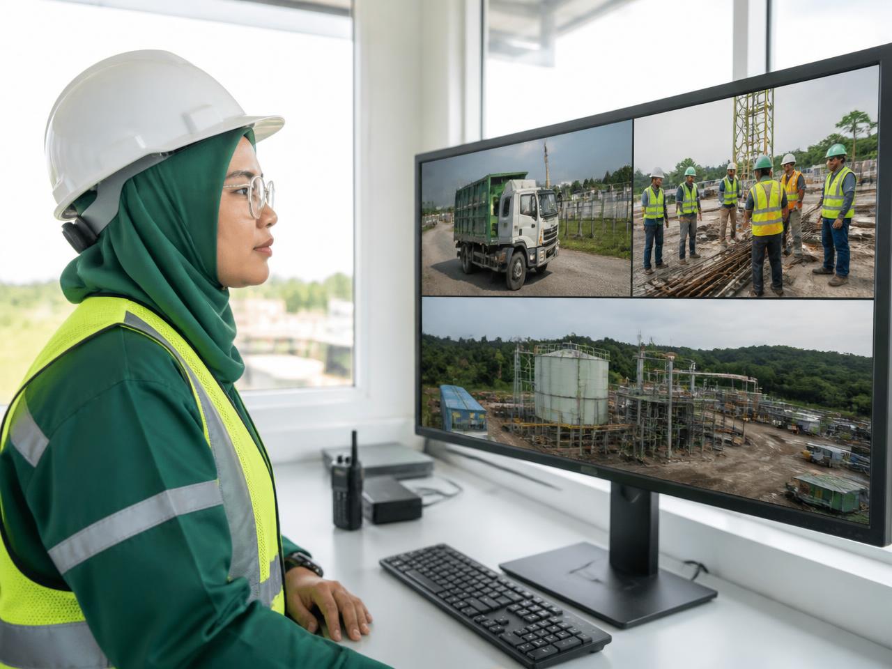 Petugas wanita Indonesia berjilbab, berkacamata, dan berhelm mengamati monitor IP camera berisi truk, pekerja, dan area proyek