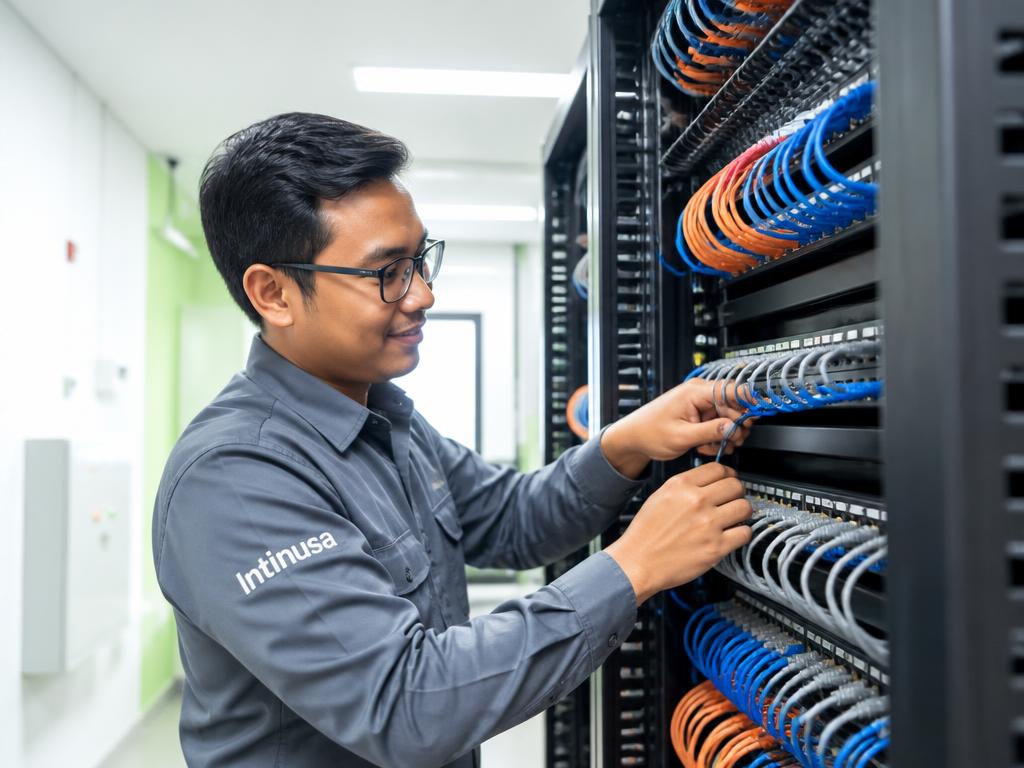 Teknisi jaringan Indonesia berkacamata dengan seragam bertuliskan Intinusa menata kabel abu-abu, oranye, dan biru pada rak switch