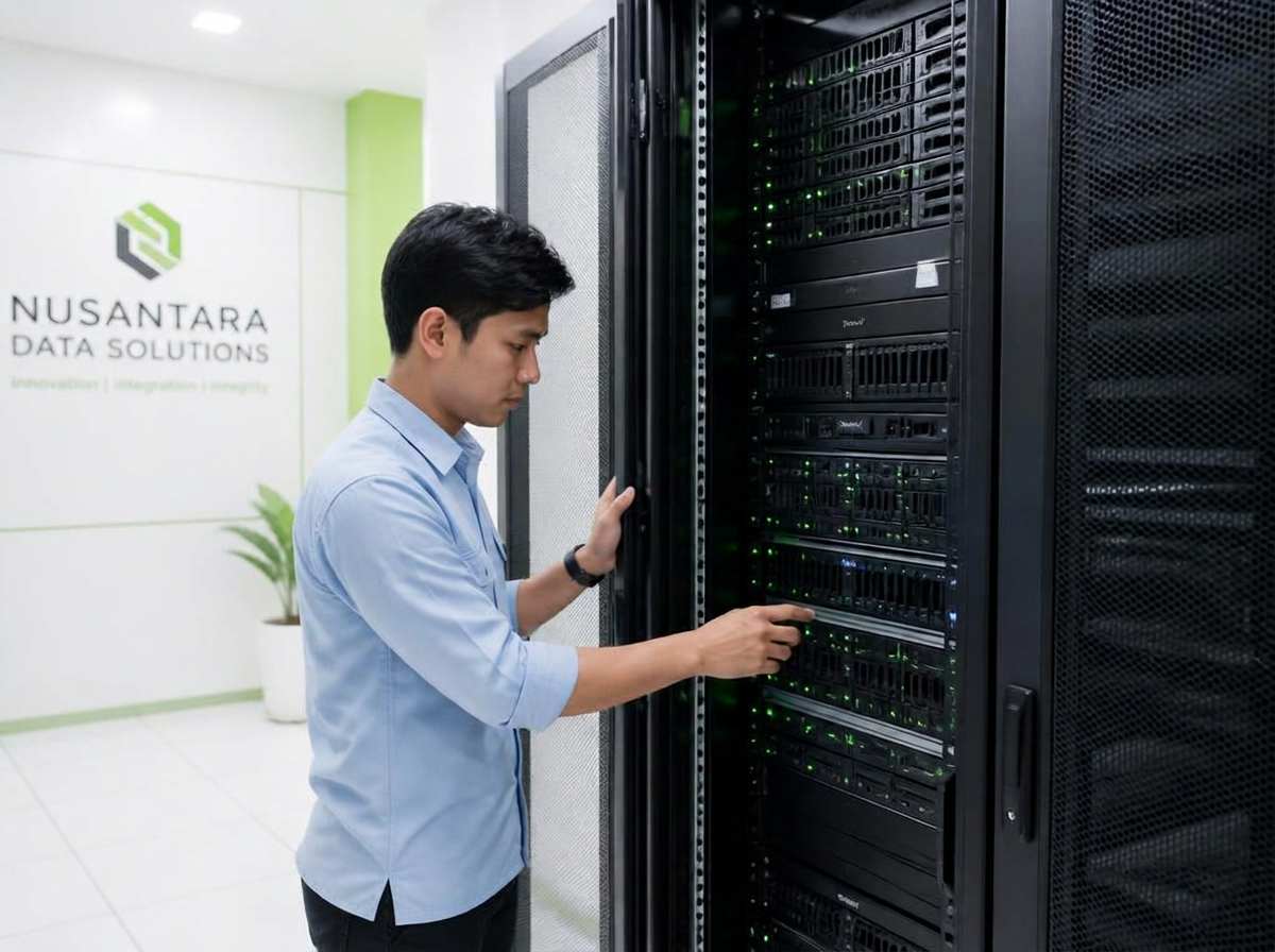 Teknisi Indonesia berkemeja biru muda membuka rak server enterprise dengan lampu indikator hijau menyala di ruang server berdinding putih hijau