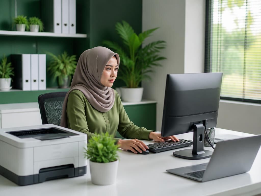 Karyawan wanita berjilbab bekerja dengan PC dan printer di kantor modern